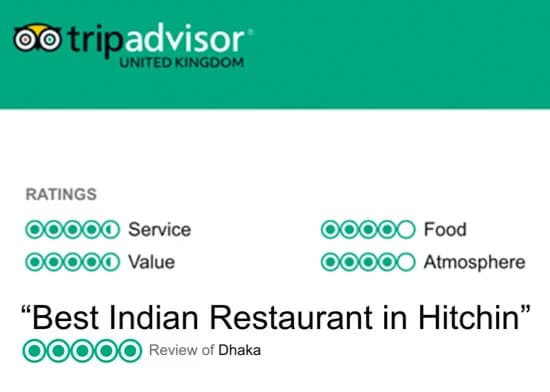 TripAdvisor ratings for Dhaka: Best Indian Restaurant in Hitchin, five bubbles